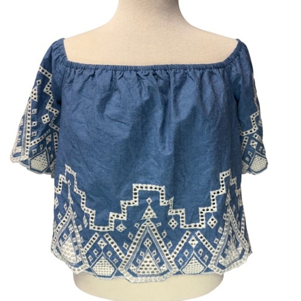 Mi Ami Francesca's Womens M Blue Chambray Off Shoulder Eyelet Crop Top Boho